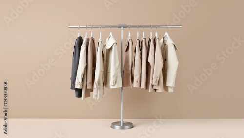 Elegant Coats and Jackets on Display in a Minimalist Locker Room, Neutral Tones and Textured Fabrics Creating a Stylish Ambiance
