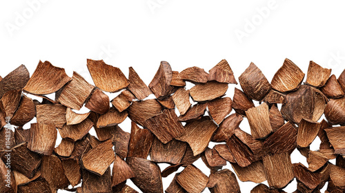 Pile of brown coconut shell chips on transparency background photo