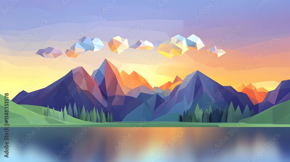 Fototapeta premium Sunset Mountain Lake Low Poly Landscape Wallpaper Illustration.