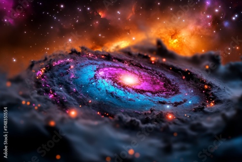 A close-up of the Milky Way galaxy with rich colors of blues, purples, and fiery reds swirling in the vastness of space photo