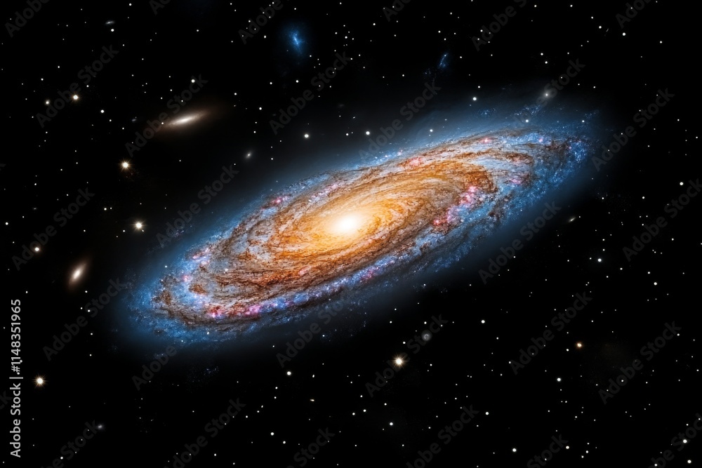 Fototapeta premium A colorful galaxy surrounded by dark interstellar clouds, creating a striking contrast between light and shadow