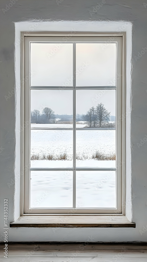 A snowy landscape viewed through a large window, creating a serene indoor atmosphere. A snowy landscape viewed through a large window, creating a serene indoor atmosphere.