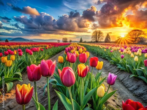 Spring Tulip Bulbs & Plants Landscape Photography: Vibrant Floral Field Design Elements #1148352793