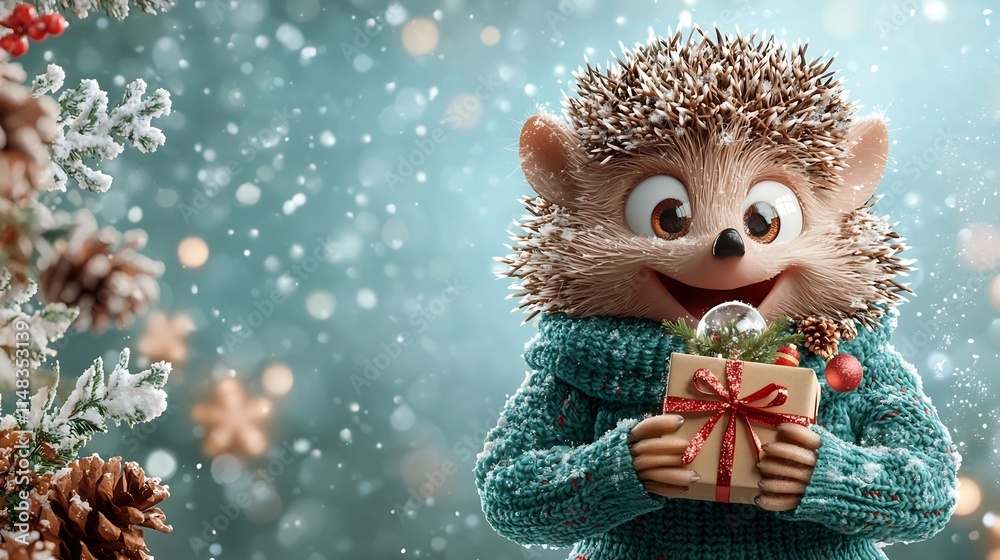 Obraz premium Adorable hedgehog wearing a festive snow globe shaped Christmas sweater holding a tiny wrapped gift in its paws creating a whimsical and charming holiday scene