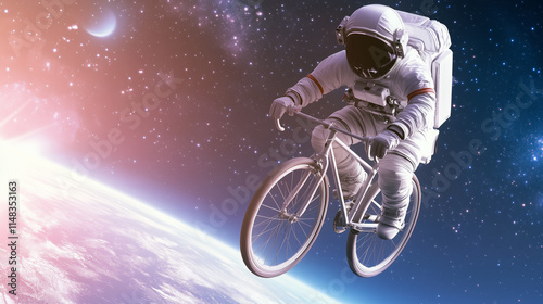 Fototapeta Naklejka Na Ścianę i Meble -  Astronaut cycling through space with Earth in view