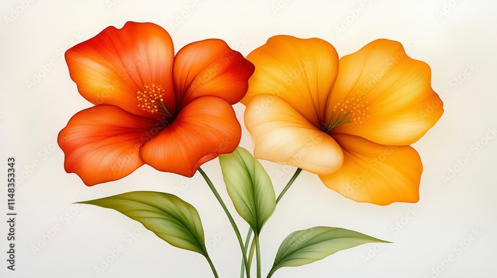 Naklejka premium Vibrant Orange and Yellow Hibiscus Flowers Painting