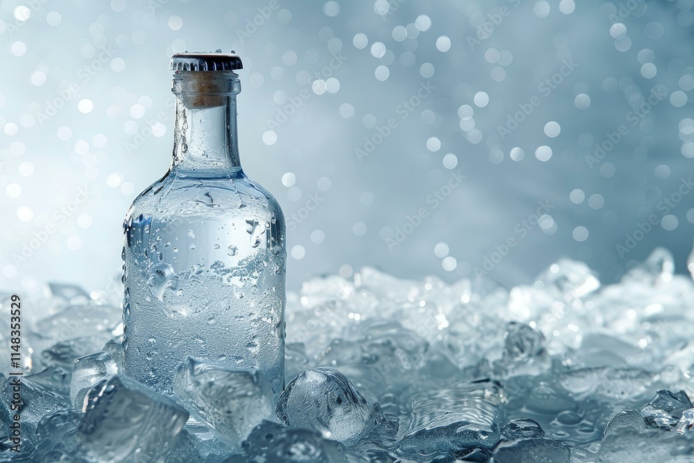 Cold glass bottle of vodka chilling on ice with sparkling background Cold glass bottle of vodka chilling on ice with sparkling background