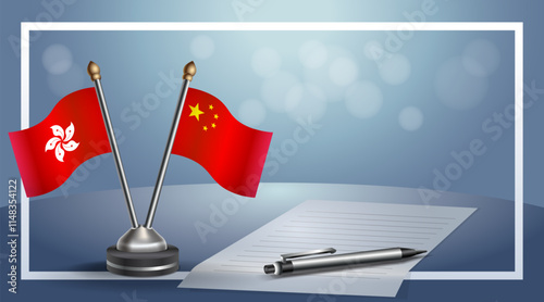 Hong Kong and China National flags on small table with bokeh background, cooperative relationship