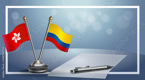 Hong Kong and Colombia National flags on small table with bokeh background, cooperative relationship