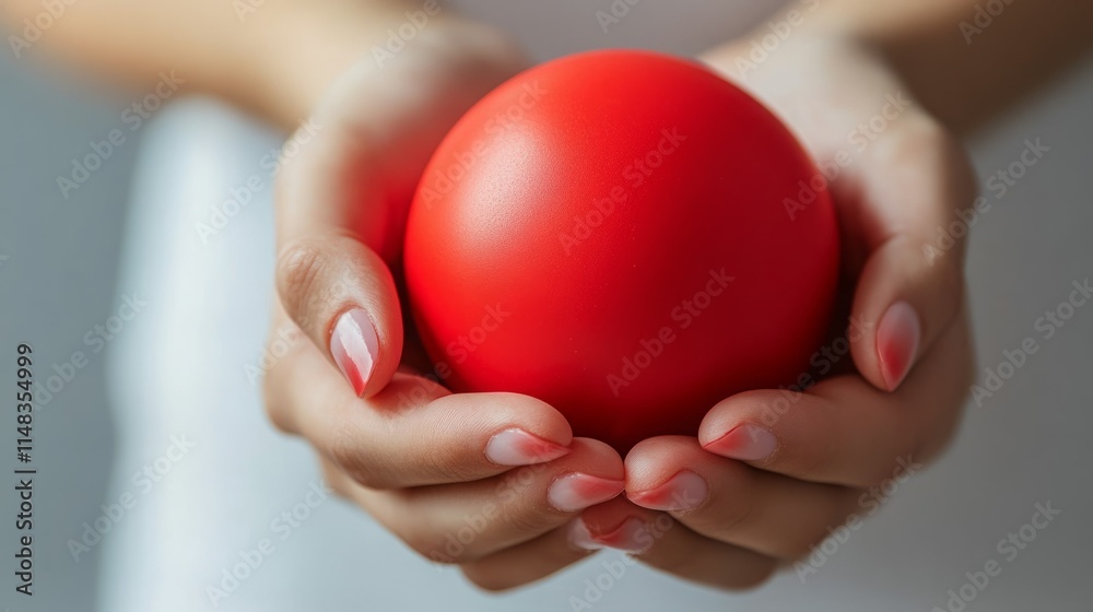 Woman's hands gently cradling a vibrant red sphere. Woman's hands gently cradling a vibrant red sphere.