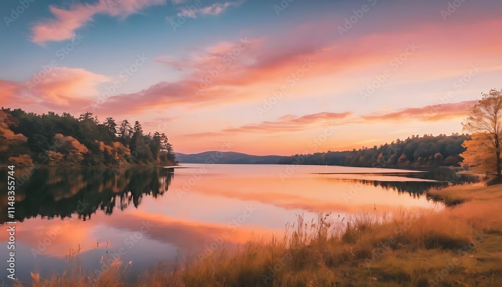 Serene autumn lake sunset reflecting colorful sky