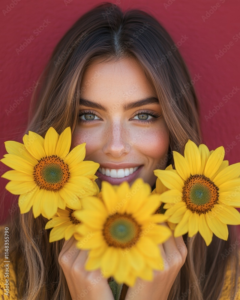 Joyful Woman Holding Golden Sunflowers Outdoors Portrait Photography Bright Setting Warm Vibe Joyful Woman Holding Golden Sunflowers Outdoors Portrait Photography Bright Setting Warm Vibe