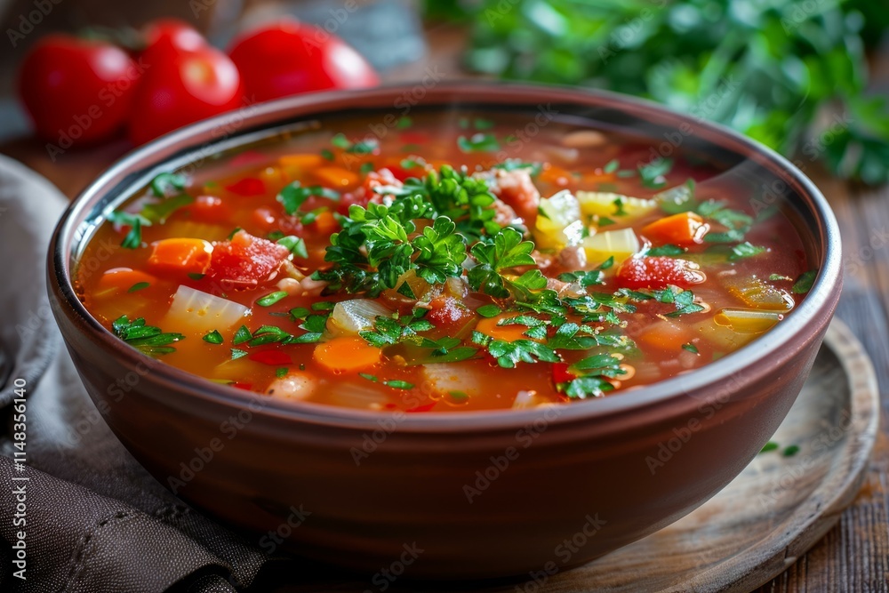 Steaming vegetable soup with parsley in rustic bowl Steaming vegetable soup with parsley in rustic bowl