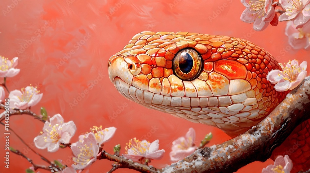 Obraz premium Regal snake with red and gold shimmering scales slithering gracefully through the snow surrounded by blooming plum blossoms and vibrant fireworks for a joyful Chinese New Year