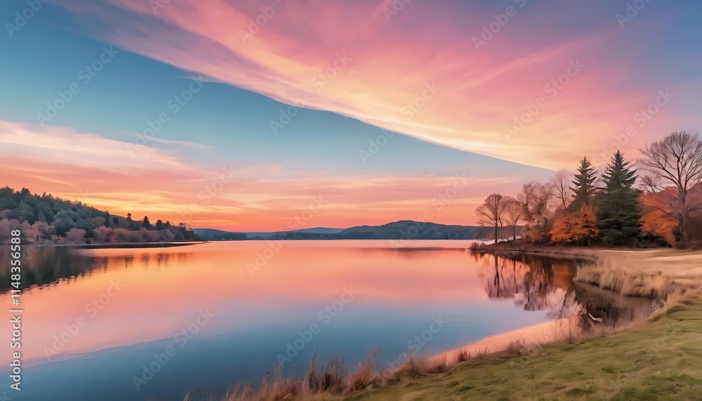 Serene Sunset Over Calm Lake With Autumn Trees Serene Sunset Over Calm Lake With Autumn Trees