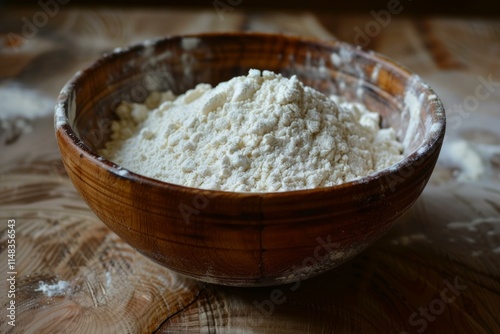 Wooden bowl overflowing with fresh white flour on rustic table photo