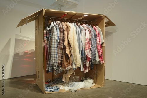 Cardboard box used as makeshift closet filled with casual shirts and clothes photo