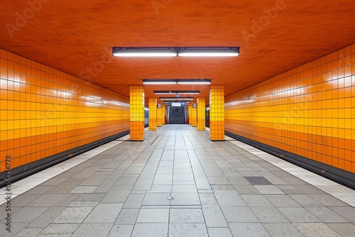 Brightly lit underground passage with vibrant orange tiles and minimalistic design in urban setting photo