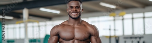 This image features a muscular, shirtless athlete smiling, reflecting a positive lifestyle during a body fat measurement process with a caliper, representing dedication and health goals achieved It photo