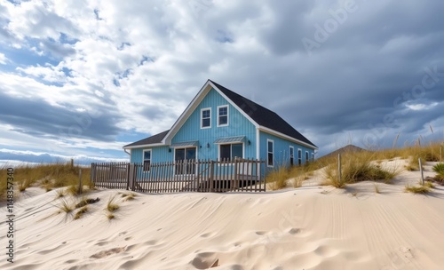 A light blue beach house sits on a sandy dune with a wooden fence in front ocean front property ocean property house home beach real estate