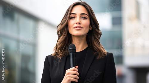 Female Journalist Reporting Live with a Mic in Front of a Corporate Building photo