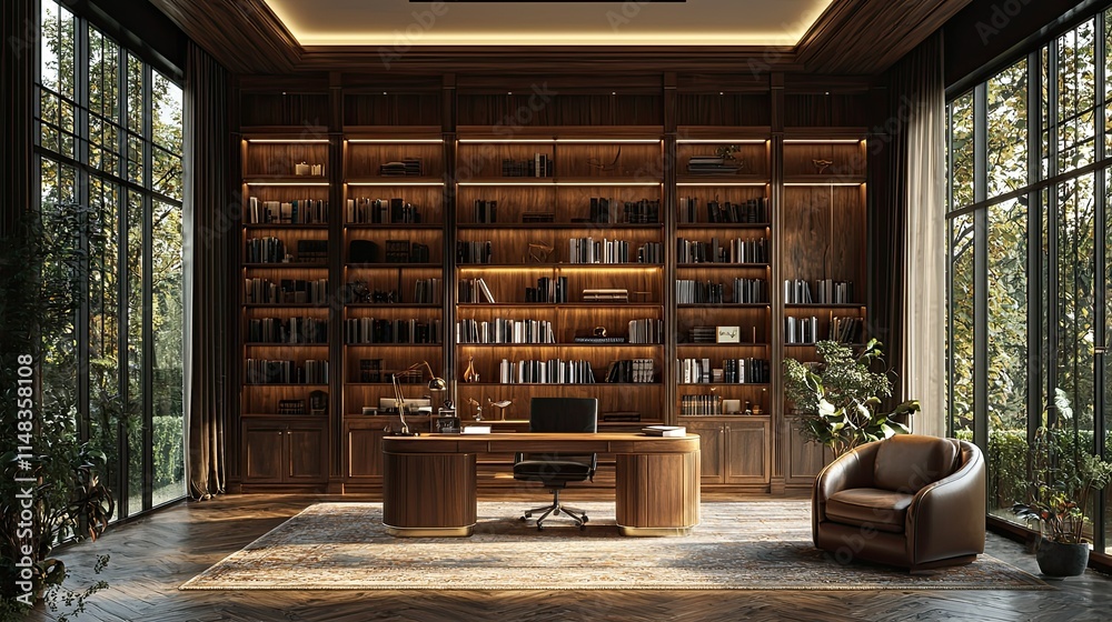 A modern office with a wooden bookshelf, desk, and cozy chair, surrounded by greenery. A modern office with a wooden bookshelf, desk, and cozy chair, surrounded by greenery.