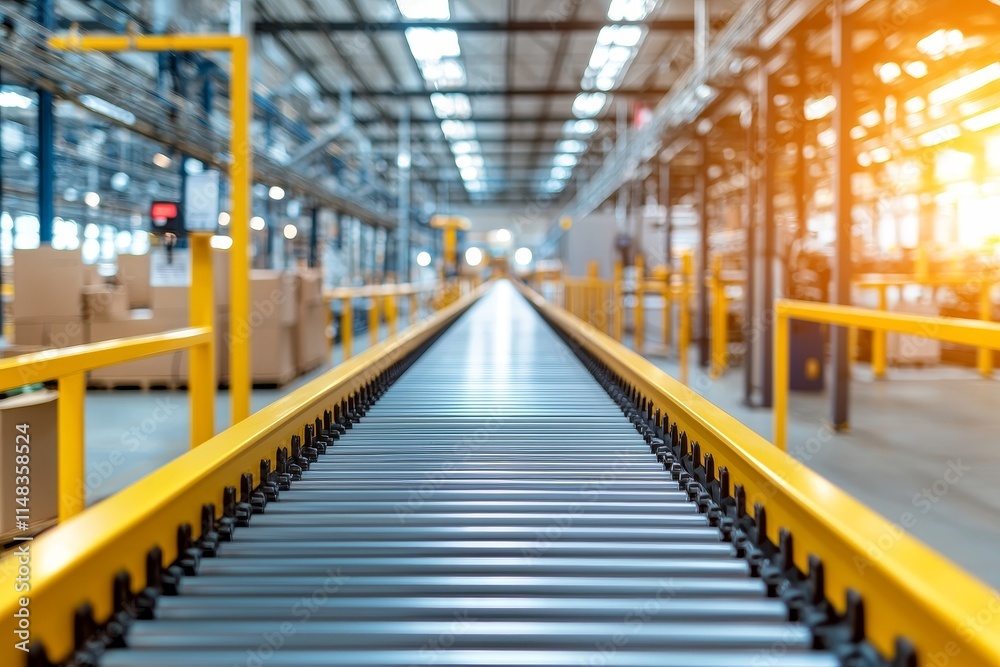 Manufacturing innovation with raw materials. Conveyor belt in a warehouse environment with sunlight. Manufacturing innovation with raw materials. Conveyor belt in a warehouse environment with sunlight.