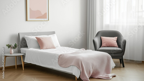 Minimalist bedroom with soft pink accents, cozy chair, and natural light