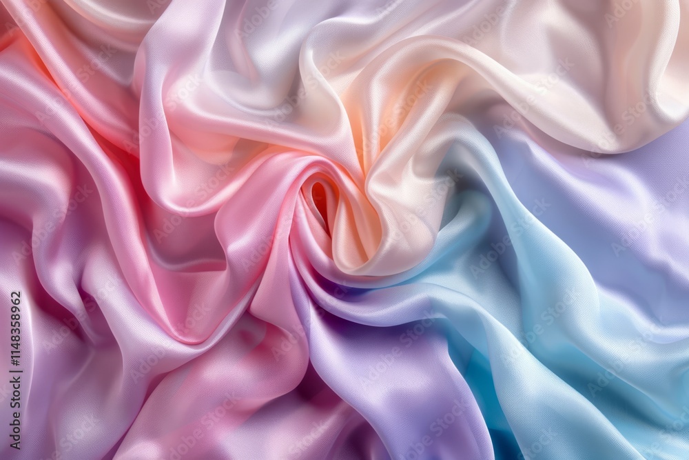 Fototapeta premium Colorful silk fabric draped in soft, flowing waves showcases a blend of pastel shades and textures