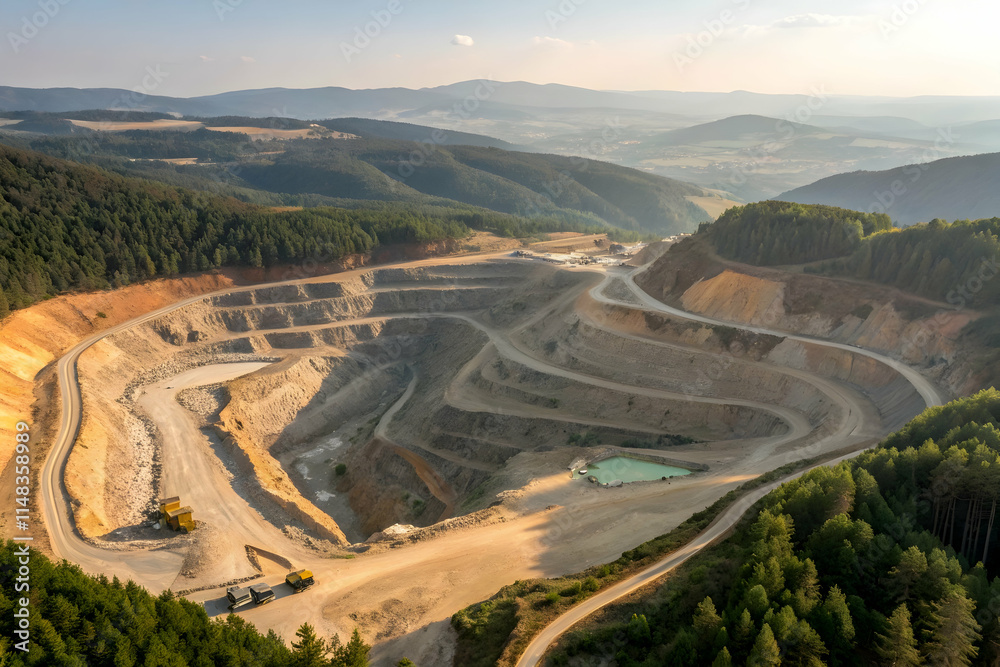 Fototapeta premium Aerial view of an open-pit gold mine with excavated earth and heavy machinery