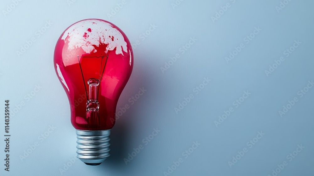 Red lightbulb with white splatter on a light blue background.