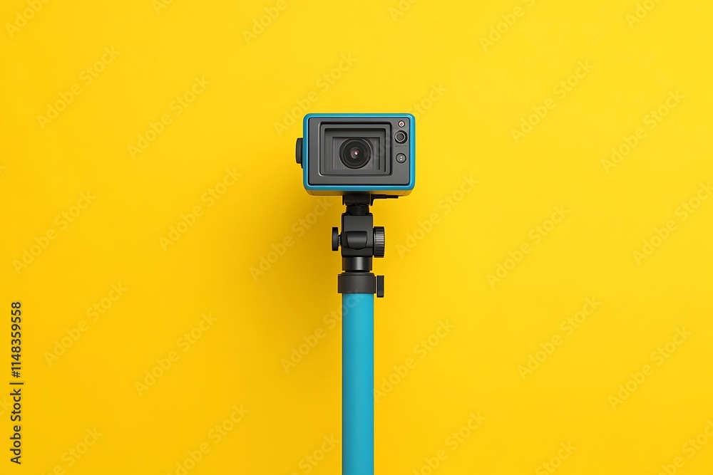 Photo and video lightweight action camera with monopod on yellow background. 3D rendering of professional photography equipment for sportsmen and travel Photo and video lightweight action camera with monopod on yellow background. 3D rendering of professional photography equipment for sportsmen and travel