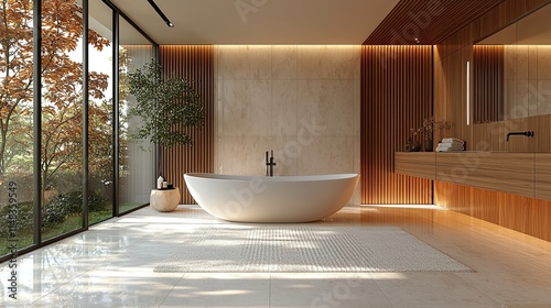 A modern, serene bathroom featuring a freestanding tub and natural light.