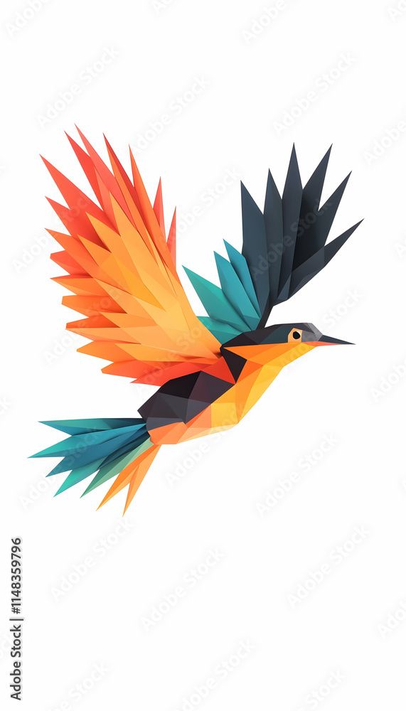 Obraz premium Colorful Geometric Bird in Flight, Abstract Design, White Background, Logo, Illustration.