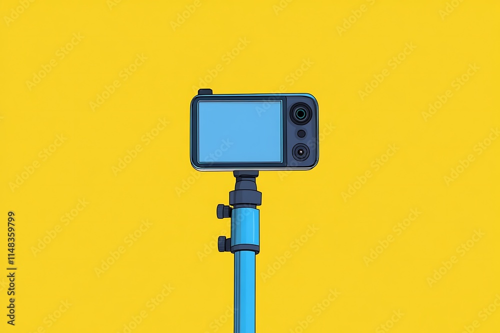Photo and video lightweight action camera with monopod on yellow background. 3D rendering of professional photography equipment for sportsmen and travel