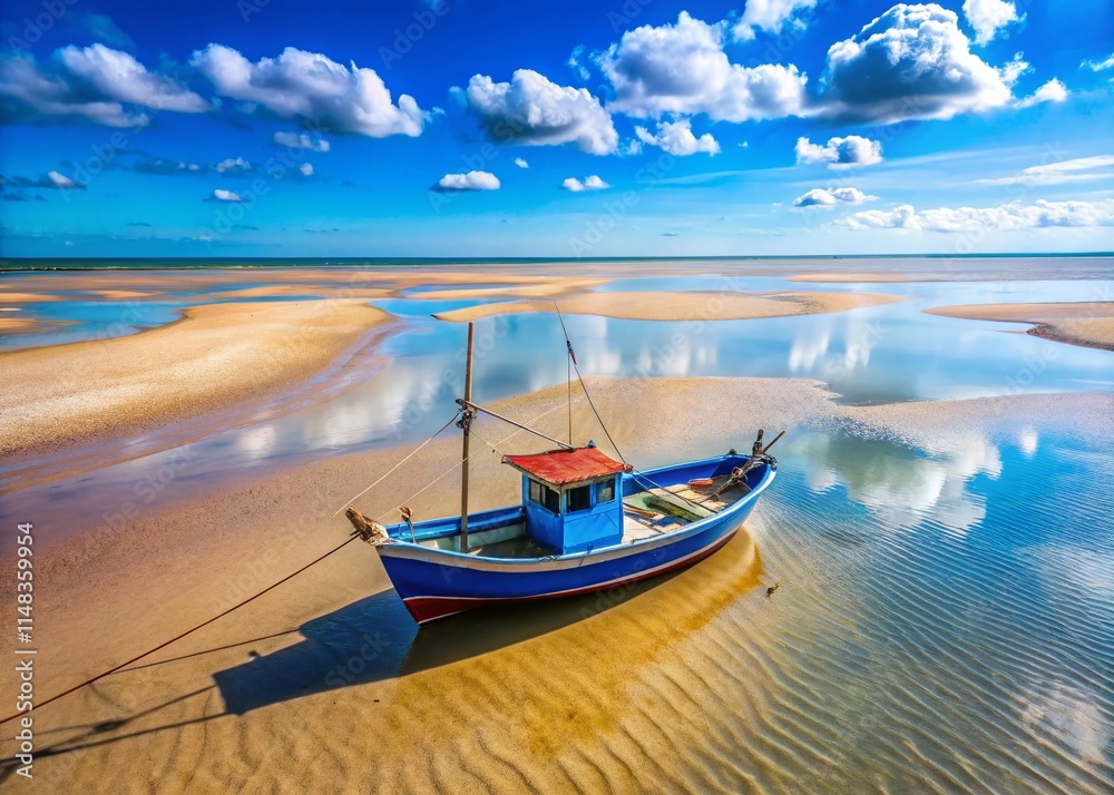 Fototapeta premium Stunning Aerial View: Low Tide Beach, Blue Fishing Boat, Azure Sky - Coastal Photography