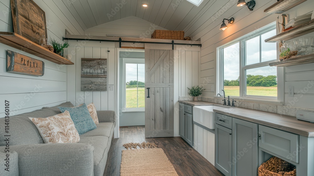 Naklejka premium Cozy Tiny Home Interior with Sliding Door to Bathroom Area