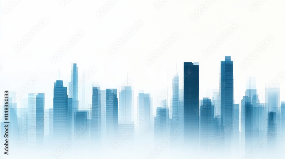 A misty skyline silhouette features tall buildings with a blue gradient, creating a serene urban landscape. A misty skyline silhouette features tall buildings with a blue gradient, creating a serene urban landscape.