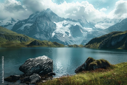 Bachalpsee mirroring snowy eiger, monch and jungfrau mountains in the swiss alps photo