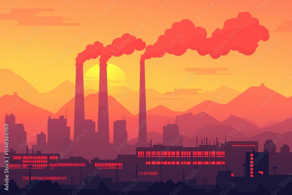 Fototapeta premium A vibrant sunset over an industrial skyline, featuring smokestacks emitting pollution against a backdrop of mountains.