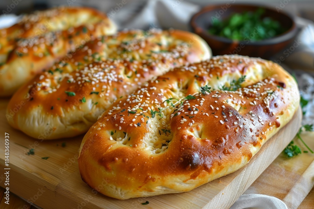 Homemade bread with sesame seeds and thyme resting on wooden board Homemade bread with sesame seeds and thyme resting on wooden board