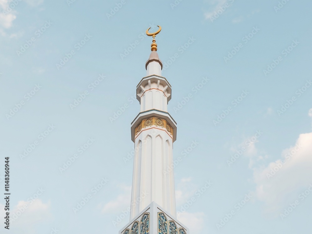 A tall mosque minaret adorned with a crescent moon against a clear blue sky. A tall mosque minaret adorned with a crescent moon against a clear blue sky.