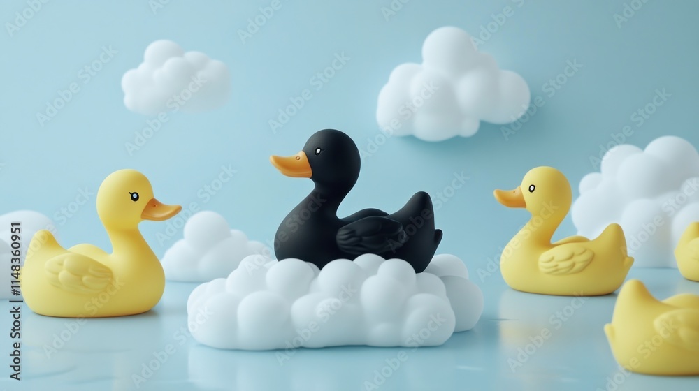Black duck among yellow ducks on clouds. Black duck among yellow ducks on clouds.