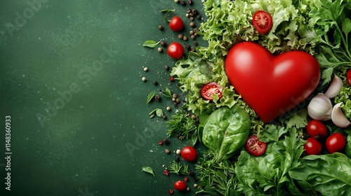Cute Animated Heart Resting Peacefully on a Bed of Fresh Green Lettuce and Aromatic Herbs Representing a Balanced Healthy Lifestyle Concept