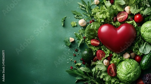 Cute animated heart symbol gently resting on a serene bed of fresh green lettuce and aromatic herbs conveying a balanced diet and wellness concept with zen like tranquility