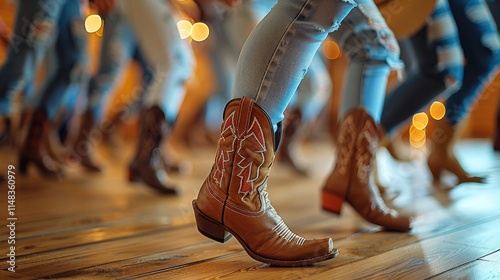 Participants showcase country line dancing with cowboy boots in a rustic venue during a lively evening event photo