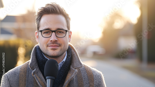 Male Journalist with Glasses and a Mic Standing on a Quiet Suburban Street photo