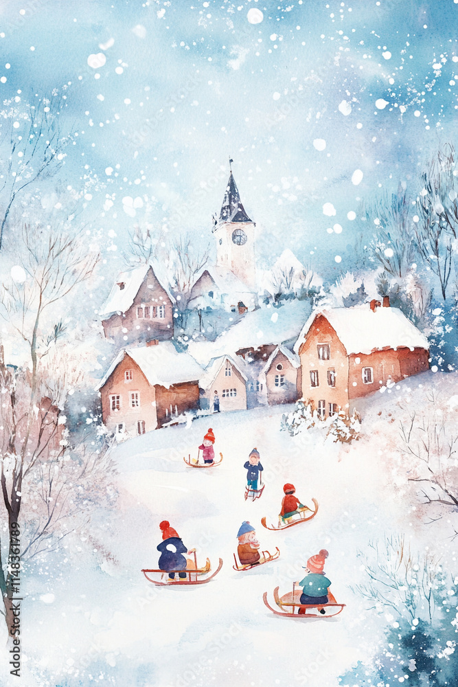 Naklejka premium a winter wonderland scene in a little village with kids playing and driving with sleds, childish illustrated