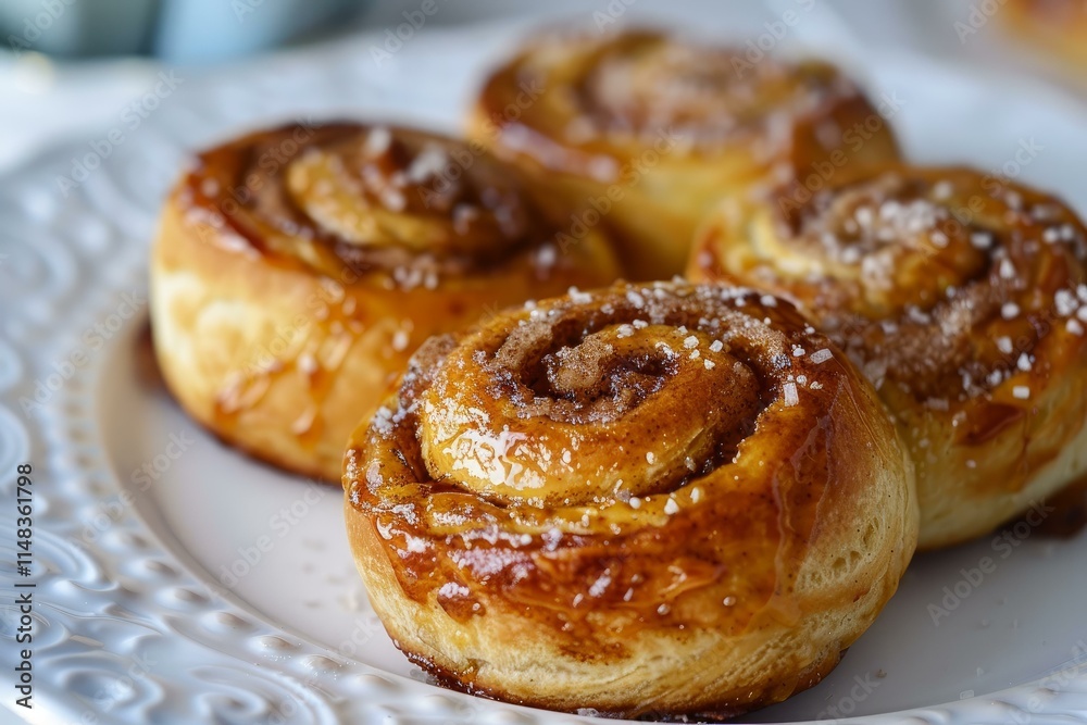 Delicious cinnamon rolls covered in icing resting on white plate Delicious cinnamon rolls covered in icing resting on white plate