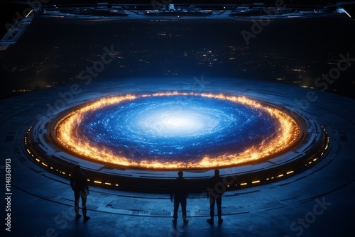 A futuristic scene of a glowing artificial galaxy created in a massive space station, with engineers monitoring its progress